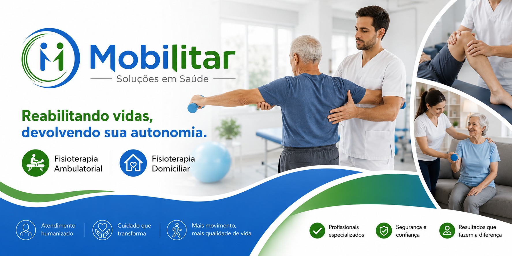 Mobilitar — Soluções em Saúde. Reabilitando vidas, devolvendo sua autonomia. Fisioterapia Ambulatorial e Fisioterapia Domiciliar. Atendimento humanizado, cuidado que transforma, mais movimento e mais qualidade de vida, profissionais especializados, segurança e confiança, resultados que fazem a diferença.