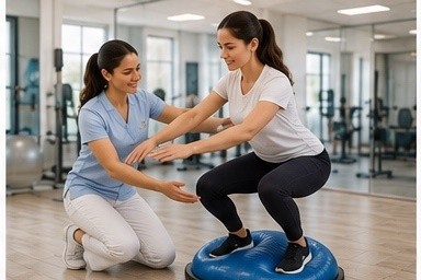 Fisioterapeuta auxiliando paciente em exercício de equilíbrio sobre bosu durante treino funcional em clínica