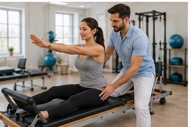 Fisioterapeuta orientando paciente em exercício de pilates terapêutico no reformer, em clínica de fisioterapia ambulatorial